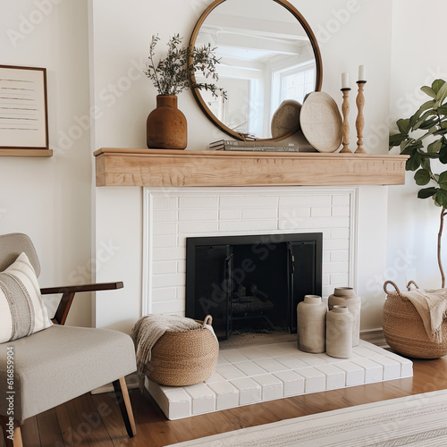 a cozy and minimalist farmhouse fireplace decor design featuring  muted neutral tones, ai generative