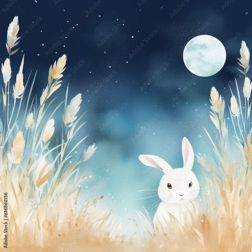 お月見に満月の夜空を背景にしたウサギ　Generative AI