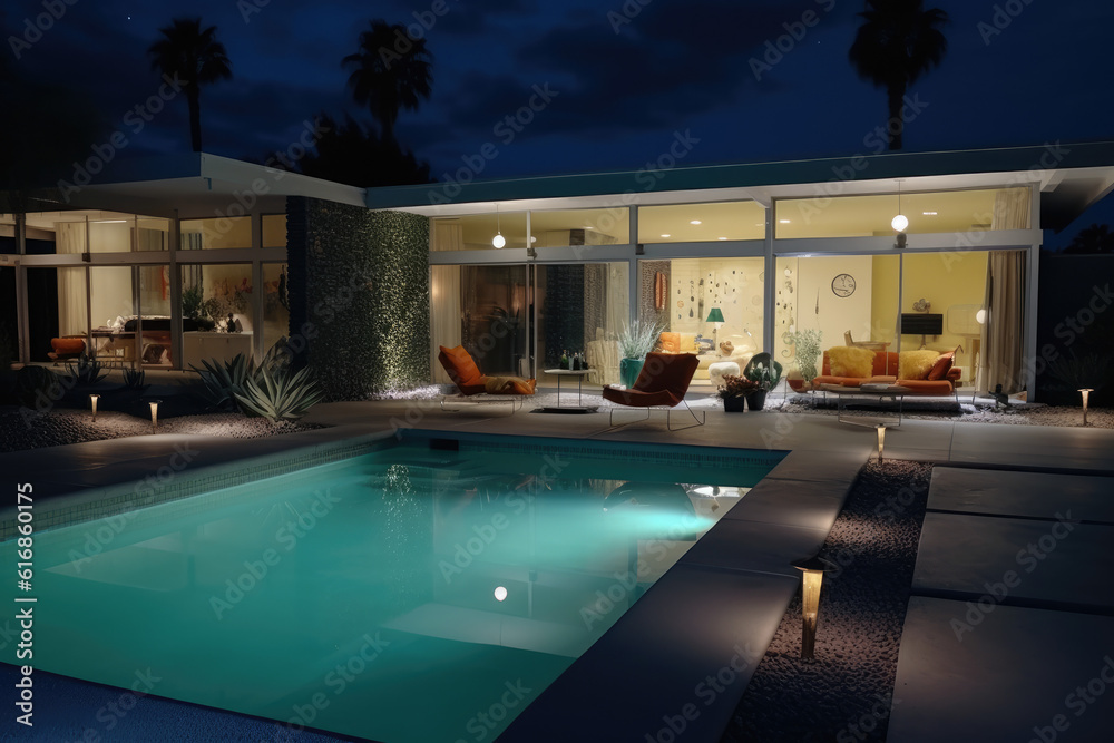 a modern home has a pool with a lounge area, night time, pool light, vintage, modern, expensive, ai generative
