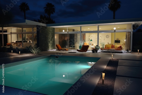 a modern home has a pool with a lounge area, night time, pool light, vintage, modern, expensive, ai generative © SHArtistry