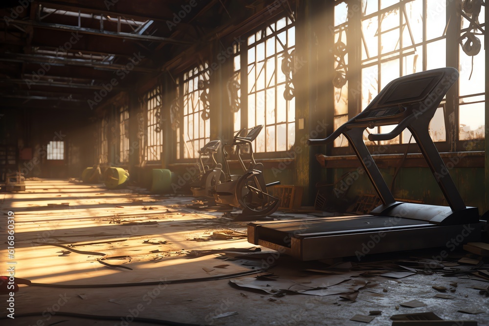 Abandoned treadmill in a dust-filled sunlit gym