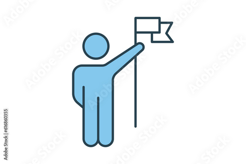 Success Icon. People holding flag. icon related to Champion, winner, victory. Flat line icon style design. Simple vector design editable