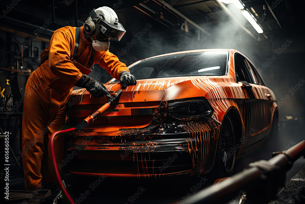 automobile repairman painter in protective workwear and respirator painting  car body in paint chamber Stock Illustration | Adobe Stock