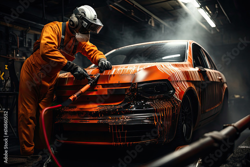 automobile repairman painter in protective workwear and respirator painting car body in paint chamber