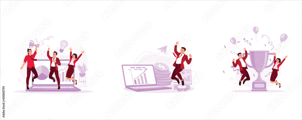 Fototapeta premium Group of creative young people celebrating the success of the idea. Portrait of a happy young businessman increasing company profit. Beautiful women and men can be seen jumping with trophies