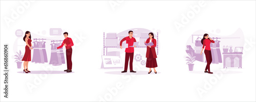 Young woman shopping in a boutique with the help of a male salesperson. Two workers data goods in the warehouse. The boutique owner was standing and talking on the cell phone. Trend Modern vector flat
