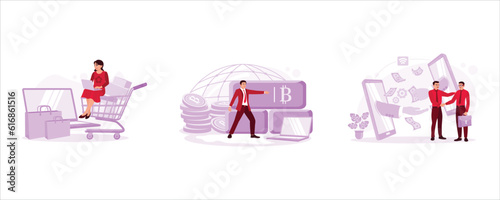 Women are sitting on trolleys and shopping online. Businessman pressing bitcoin symbol and icon. Two business colleagues transacting and shaking hands. Trend Modern vector flat illustration. photo