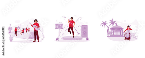 Street musician playing electric acoustic guitar in the park. The male soloist sings with confidence. The cellist performed beautifully. Trend Modern vector flat illustration.
