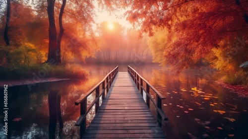 Serene autumn landscape  lake bridge in a fall forest