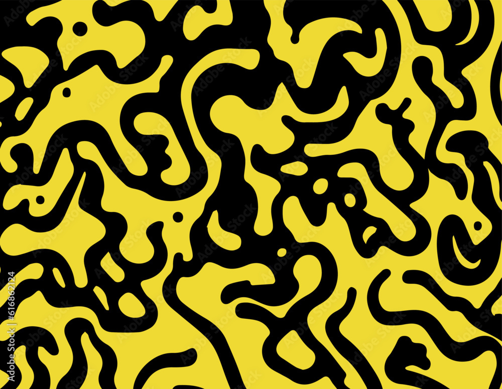 Acid psychedelic black and yellow print with abstract melting blobs and lines in retro hippie style. Acid psychedelic black and yellow print with abstract melting blobs and lines in retro hippie style.