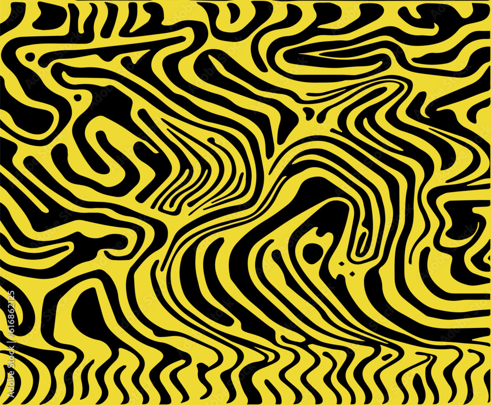 Acid psychedelic black and yellow print with abstract melting blobs and lines in retro hippie style.