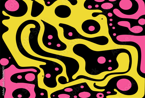 Acid psychedelic black and yellow print with abstract melting blobs in retro hippie style.