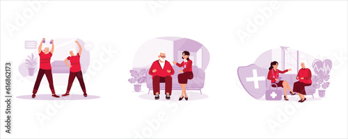 Senior couple exercising together at home. Nurse visiting elderly patient at home. Doctor consulting an elderly female patient. Trend Modern vector flat illustration.
