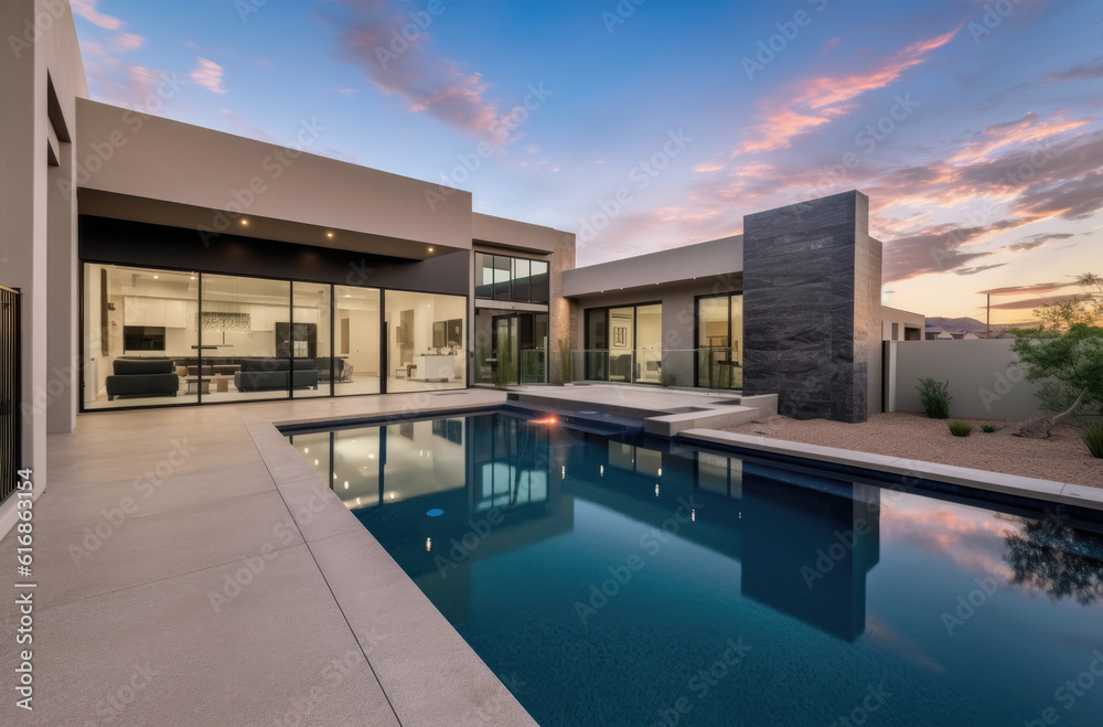 a luxury pool and lawn chairs by a home in the desert, in the style of light white and black, modern urban, ai generative