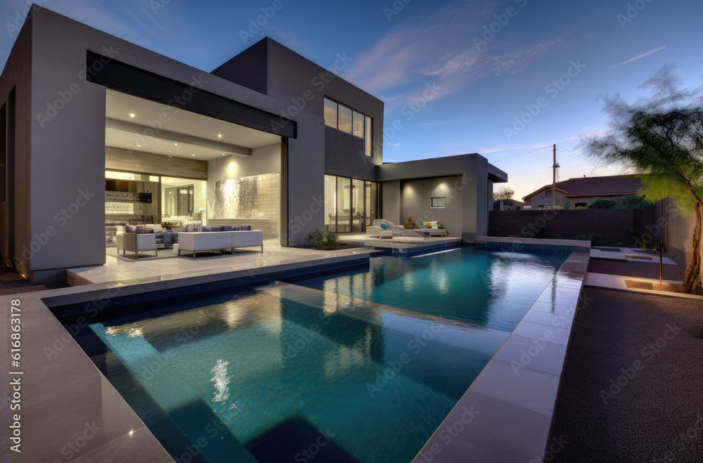 a luxury pool and lawn chairs by a home in the desert, in the style of light white and black, modern urban, ai generative