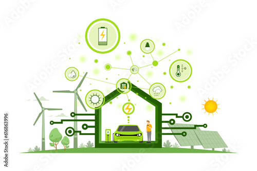 Environmental care and use clean green energy from renewable sources concept, Infographic of Modern eco house or home with windmills wind power and solar energy panels, Electric car charging station.