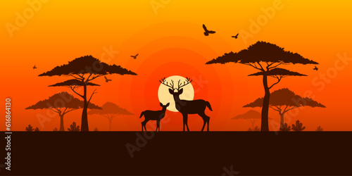 Silhouette of deer family with sunset sky background, Wildlife and Nature, Grassland safari, Environmental conservation, National park in Africa, Think green nature, Save the planet and the wildlife.