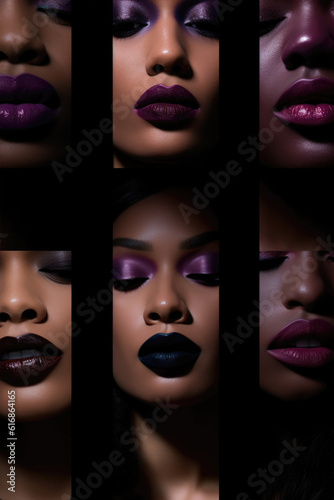 Beauty Collage Of Models Wearing Shades of Purple Plum Lipstick and Eyeshadow Generative AI 