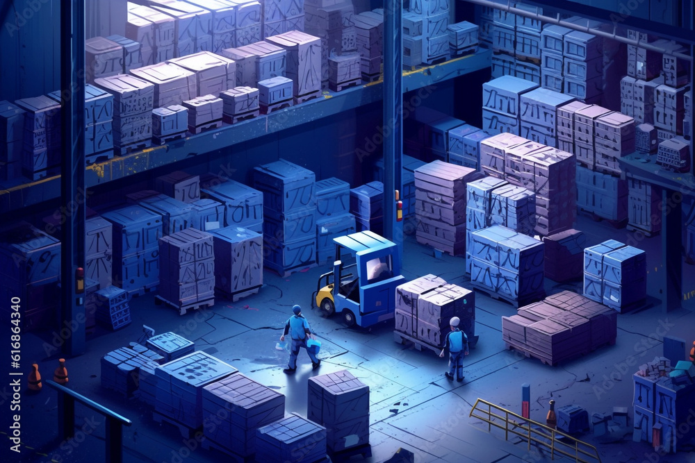 An Isometric 3D model mockup showcases a warehouse, postoffice and distribution building from a high-angle outside view into an interior view. generative AI. An Isometric 3D model mockup showcases a warehouse, postoffice and distribution building from a high-angle outside view into an interior view. generative AI.