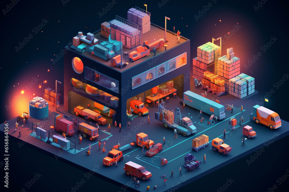An Isometric 3D model mockup showcases a warehouse, postoffice and ...