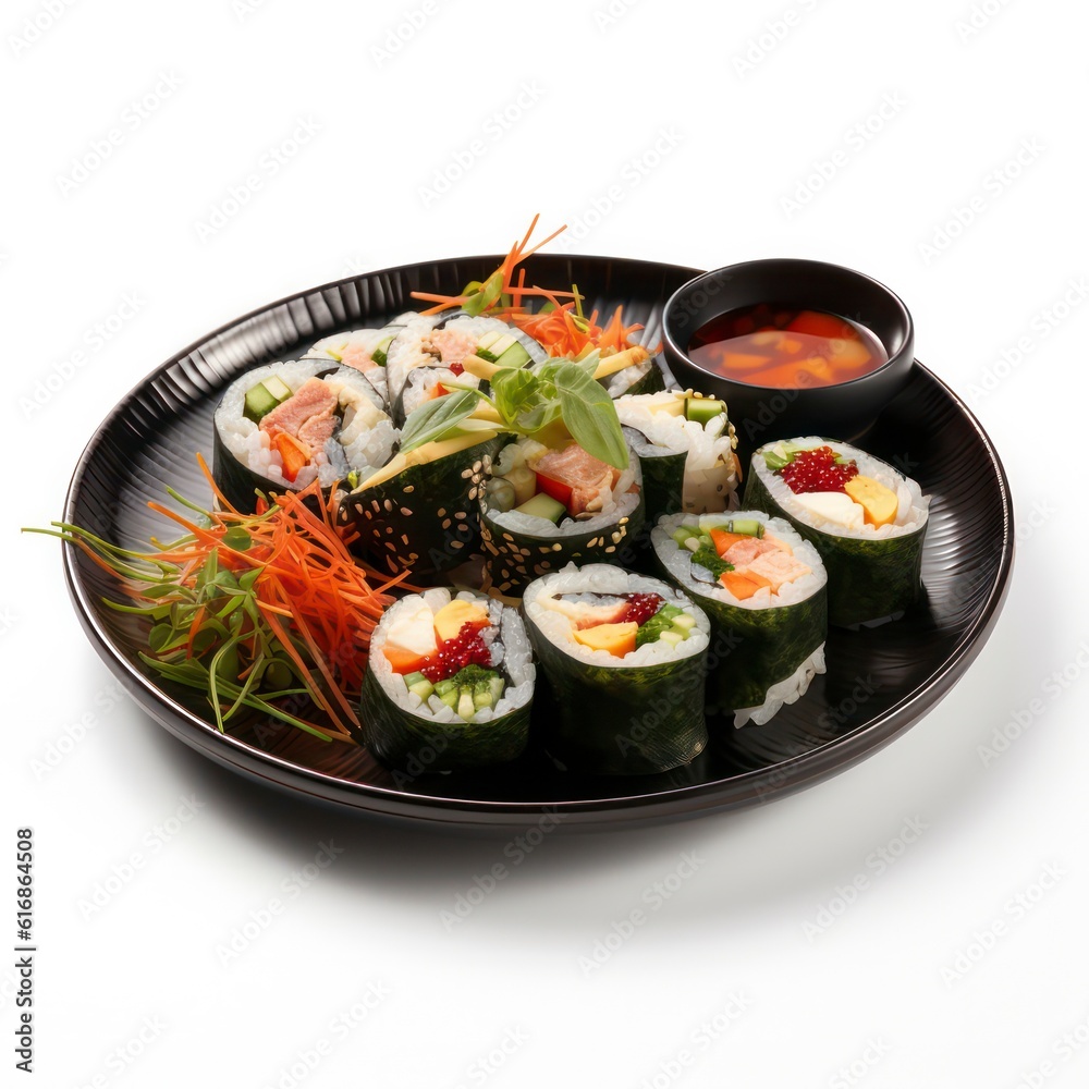 a plate of kimbap on white background for food photography generative ai a plate of kimbap on white background for food photography generative ai