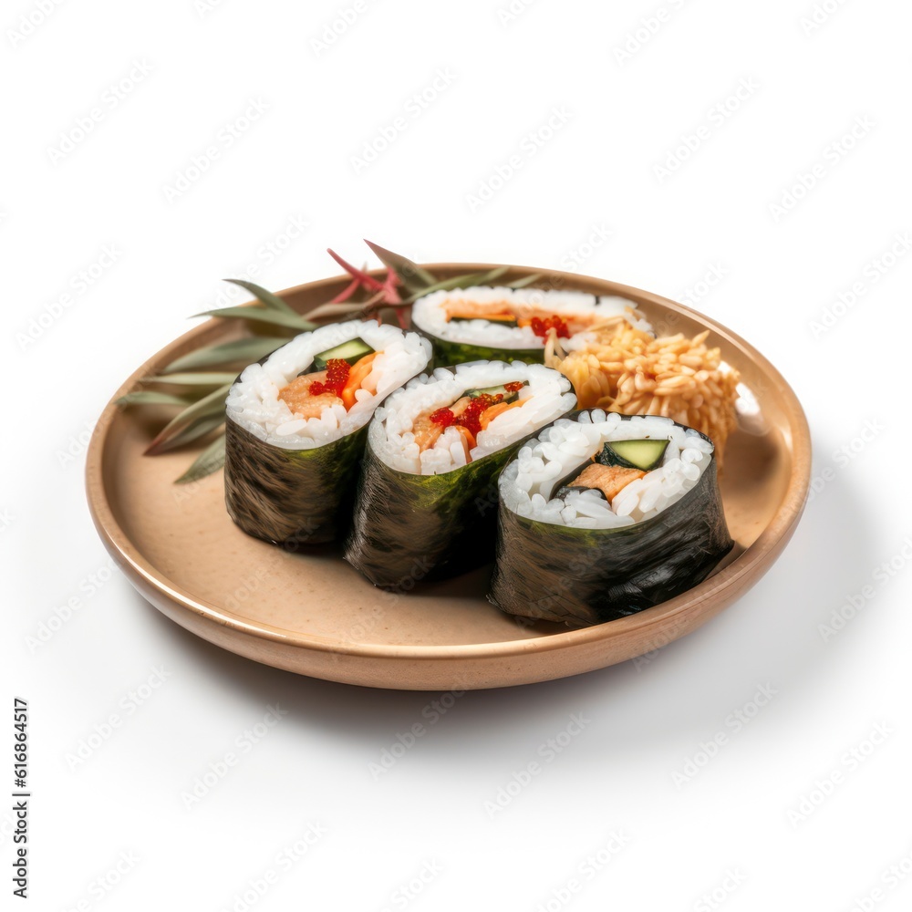 a plate of kimbap on white background for food photography generative ai