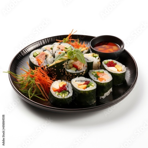 a plate of kimbap on white background for food photography generative ai