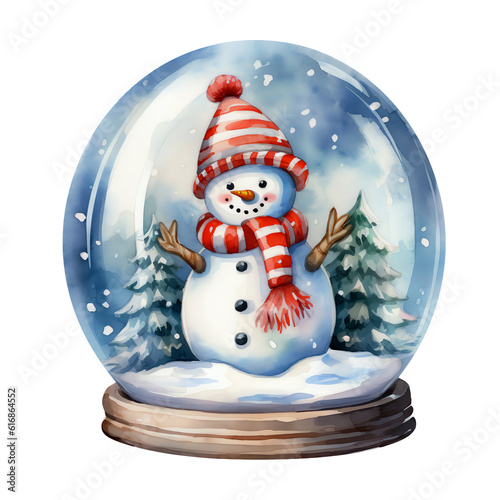 Cute Watercolor Snowman Snowglobe, Isolated Clipart Illustration, Generative AI