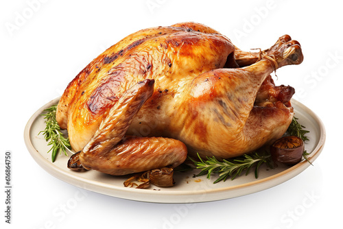 Whole fresh roasted chicken isolated on a white background
