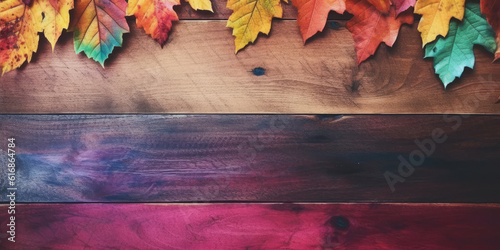 Colored wood background with autumn leaves, Generative AI photo