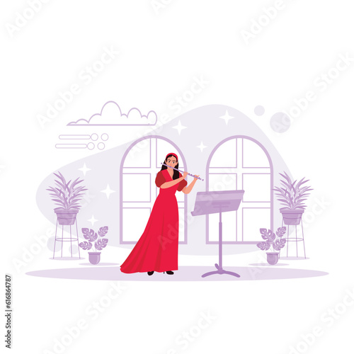 Beautiful woman in a long dress, playing flute professionally. Trend Modern vector flat illustration.