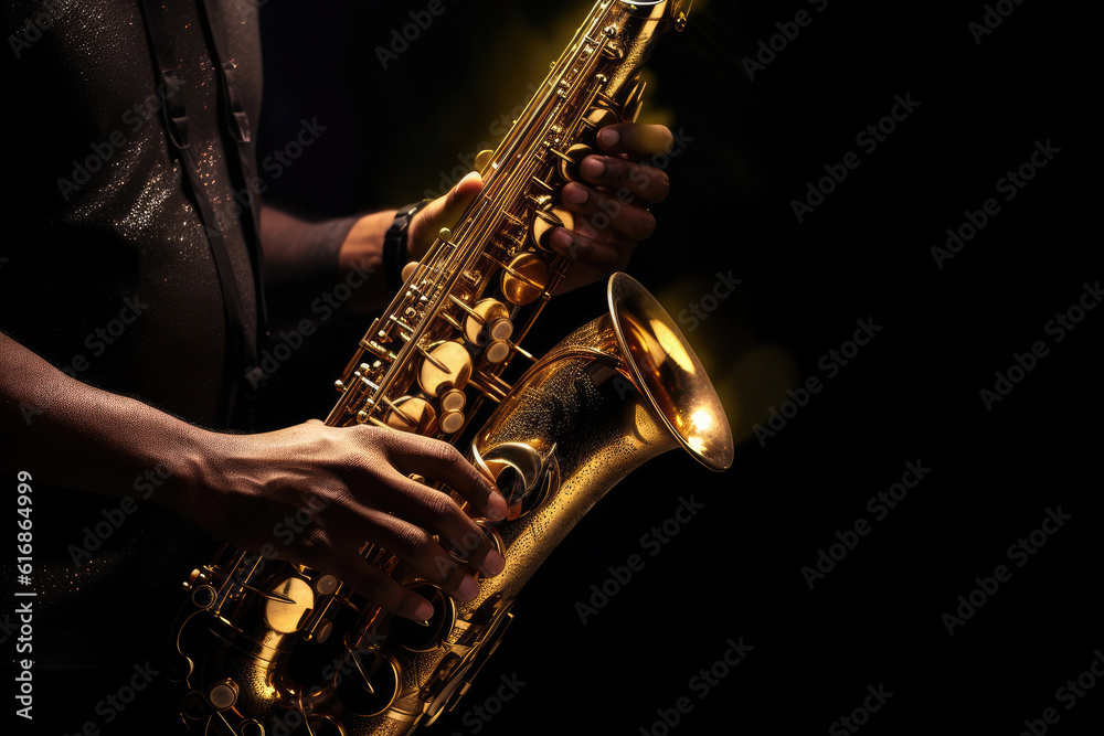 Obraz premium Close-up of a man with saxophone on dark background, Generative AI