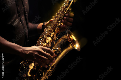 Close-up of a man with saxophone on dark background, Generative AI