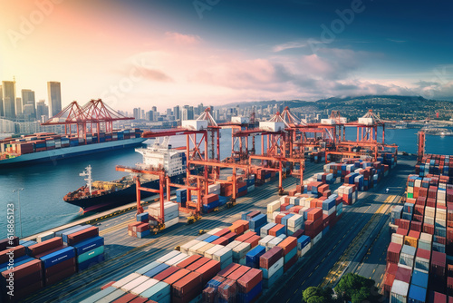 container terminal and harbor scene, international trade, commerce, industry, logistics, and transport, global economic