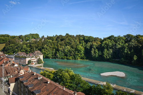 Aerial View of Aare River Banks on a Bright Summer Day in Bern  Switzerland