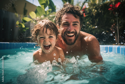 Father in a swimming pool with his toddler daughter, joy, laughter, summer and parenthood