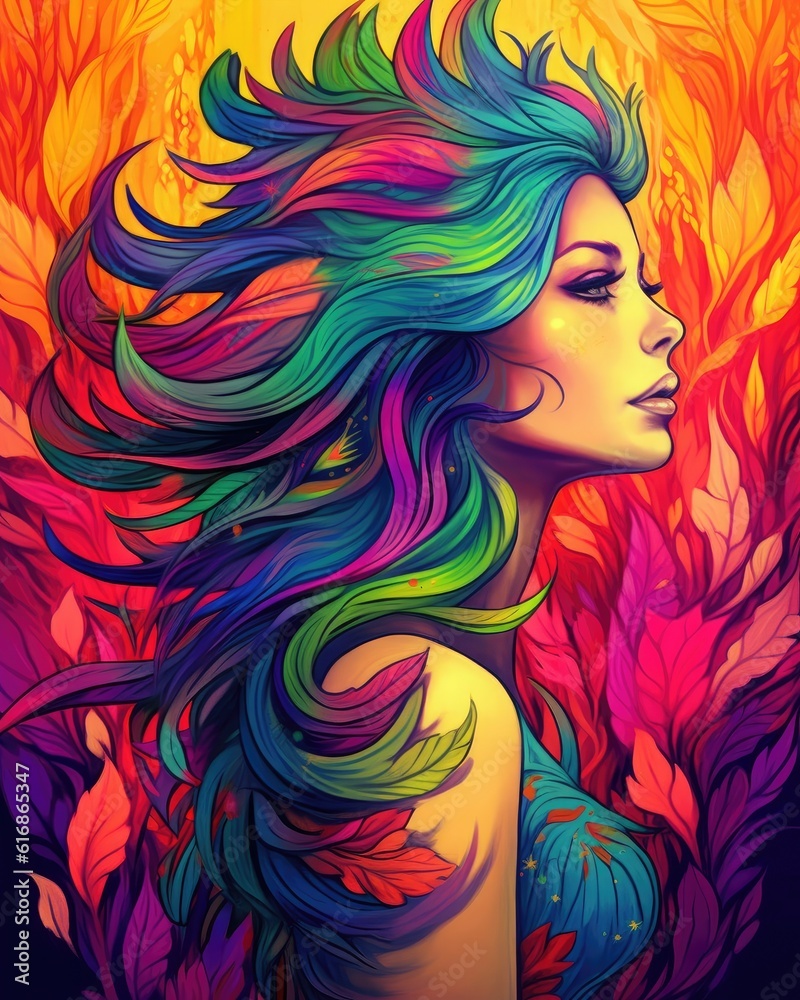The girl has colorful hair and looks pretty. (Illustration, Generative AI)