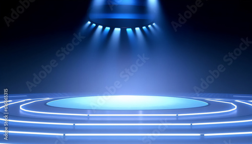 Empty stage neo blue light, exhibition, empty space, generative ai, digital illustration