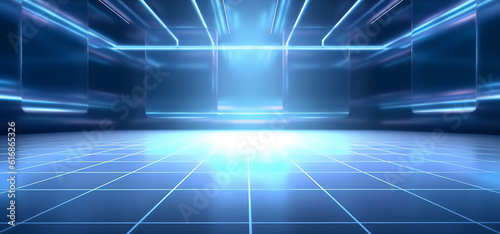 Empty stage neo blue light, exhibition, empty space, generative ai, digital illustration