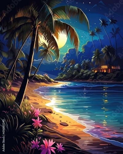 An illustrated tropical beach at night. (Illustration, Generative AI)