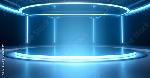 Empty stage neo blue light, exhibition, empty space, generative ai, digital illustration