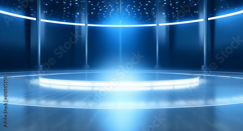 Empty stage neo blue light, exhibition, empty space, generative ai, digital illustration