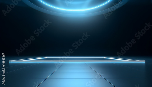 Empty stage neo blue light, exhibition, empty space, generative ai, digital illustration