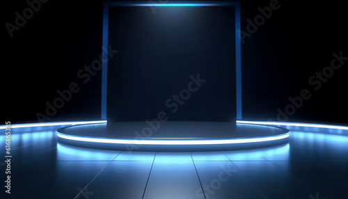 Empty stage neo blue light, exhibition, empty space, generative ai, digital illustration