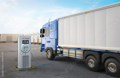 Ev logistic trailer truck or electric vehicle lorry at charging station