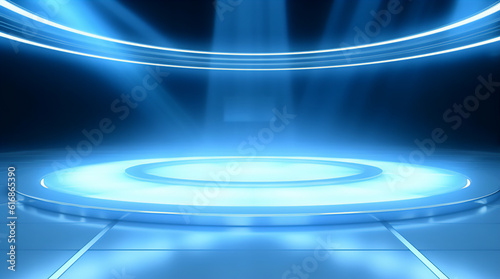 Empty stage neo blue light, exhibition, empty space, generative ai, digital illustration