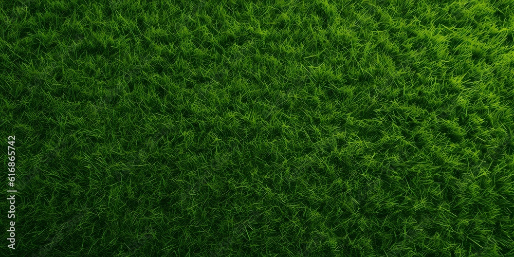 Fototapeta premium Wide format background image of green carpet of neatly trimmed grass. Beautiful grass texture on bright green mowed lawn, field, grassplot in nature