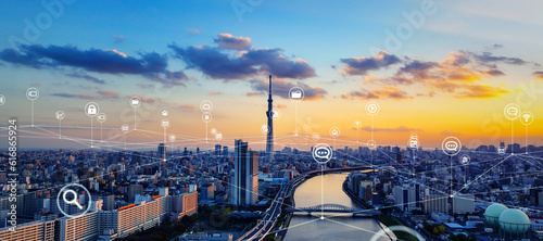 Foto Modern cityscape and communication network concept