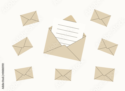 Minimalist vector illustration of email envelopes falling. Receiving mails, marketing and advertising and spam concepts