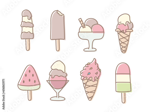 Collection set of icecream summer doodles. Vector hand drawn illustrations. Delicious sweet ice cream cold snacks